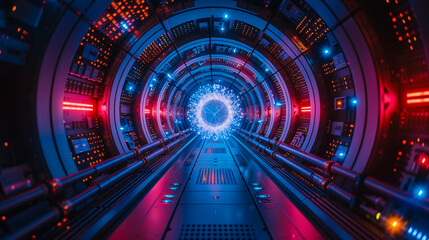Futuristic blue tunnel leading through a digital space. representing the concept of high-speed technology and travel