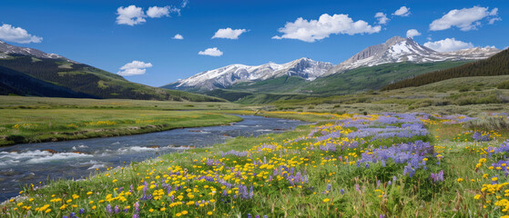 Green wide beautiful landscape with big river and flower fields with blue cloudy sky mountains snowy peaks background