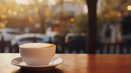 Cup of coffee with latte art and steam on wooden table on blurred background