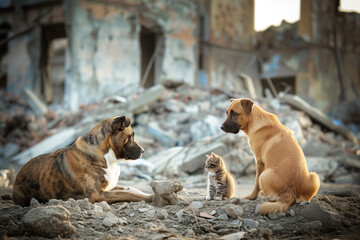 Two brooding dogs and a small kitten among the ruins, symbolizing friendship and survival in a post-catastrophe environment - 794765985