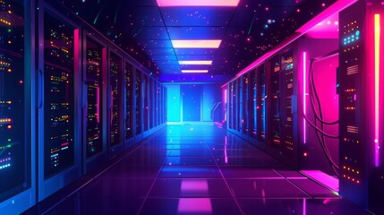 Illuminated Server Room Corridor on a Purple and Blue Digital Tech Background