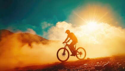 A person is riding a bike on a hill with a beautiful sunset in the background by AI generated image