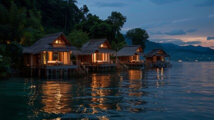 Fototapeta na wymiar As the distant ling lights of nearby villages and cities fade into the horizon the floating bungalows offer a peaceful and secluded haven where guests can truly find 2d flat cartoon.
