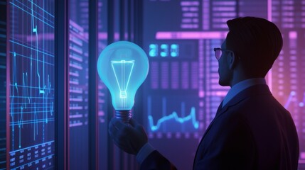 Ideas Illuminated: Businessman Holding a Large Blue Light Bulb