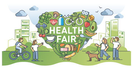 Community health fair as social campaign for body wellness outline concept, transparent background.Health awareness with dietary eating and sport activities for vitality illustration.