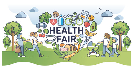 Obraz premium Community health fair for active lifestyle and eating balance outline concept, transparent background. Social care for diet nutrition and sport exercise significance illustration.