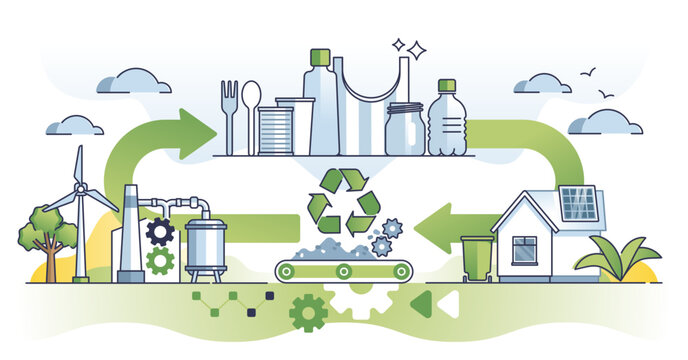 Circular economy and life cycle assessment with recycling outline diagram, transparent background. Material resources reusage as continuous manufacturing without pollution illustration.