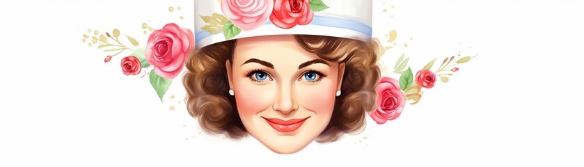 watercolor painting of  a  beautiful woman wearing a white hat with red roses.