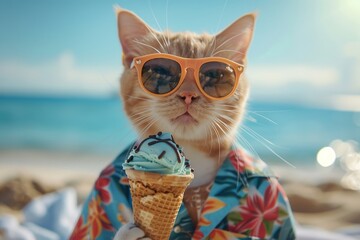 A cat wearing sunglasses and a hawaiian shirt is eating an ice cream cone on the beach.