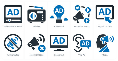 A set of 10 ads and marketing icons as video advertisement, radio ad, balloon ad
