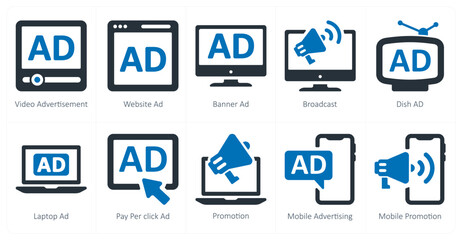 A set of 10 ads and marketing icons as video advertisement, website ad, banner ad