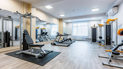 Interior of a fitness room with equipment. Nobody inside.
