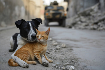 A dog and kitten cuddle on a ruined street with a military vehicle in the background, portraying an unwavering friendship in hard times - 794767547