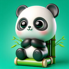 3d cute panda character sitting with bamboo on green background