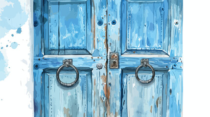 Blue-painted vintage wooden door with metal handles 