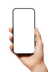 Close-up of woman hand holding modern smartphone iphone mockup. New modern black frameless...