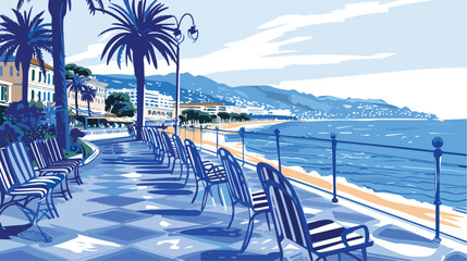 Blue chairs on the Promenade design Nice France - obrazy, fototapety, plakaty