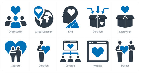 A set of 10 crowdfunding icons as organisation, global donation