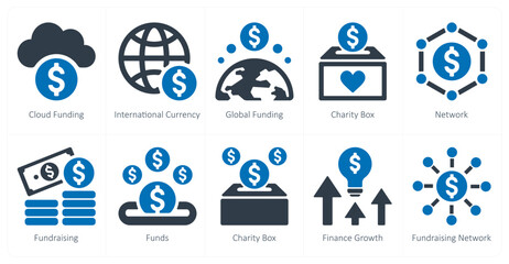 A set of 10 crowdfunding icons as cloud funding, international currency, global funding