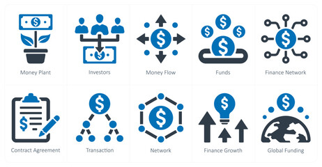 A set of 10 crowdfunding icons as money plant, investors, money flow