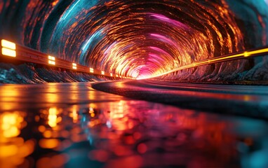 Tunnel with lights and reflections at night. Abstract background.