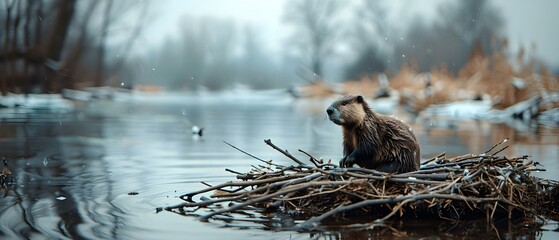 Beavers gather branches near water to build dams for shelter and protection. Concept Animals, Beavers, Habitat, Shelter, Dams - obrazy, fototapety, plakaty