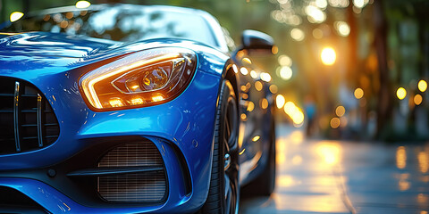 front headlight of blue luxury car parked on street close up