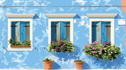 Fototapeta na wymiar Blue painted faceade of the house and window with flow