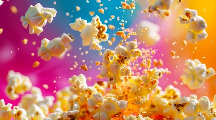 Fototapeta na wymiar A bunch of popcorn kernels are seen falling into the air during the popping process in a hot air popper