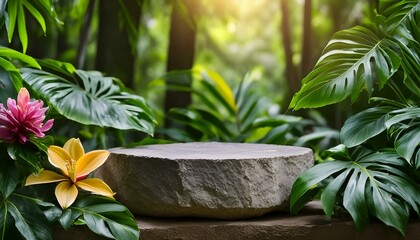 Tropical Forest Scene: Natural Stone and Concrete Podium with Flowers