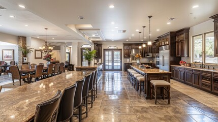 A spacious kitchen featuring marble countertops, a center island, and a breakfast bar. The design emphasizes seamless functionality and modern elegance