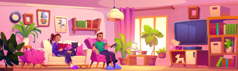 Woman in pink home living room interior with sofa. Cartoon cozy flat design with couch, tv, armchair and bookcase. House livingroom with man inside. Wood floor in apartment lounge graphic drawing - obrazy, fototapety, plakaty