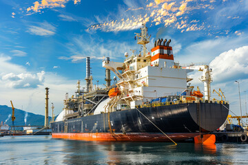 Liquefied natural gas carrier vessel, engineered for transporting LNG, docked at port