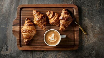 A wooden tray holds croissants next to a cup of coffee, creating a cozy breakfast scene
