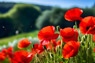 Obraz premium Red poppies blooming in field. 