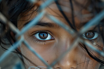 A close-up Mexican girl child's face looking through a border fence, conveying themes of migration, separation, and the refugee crisis