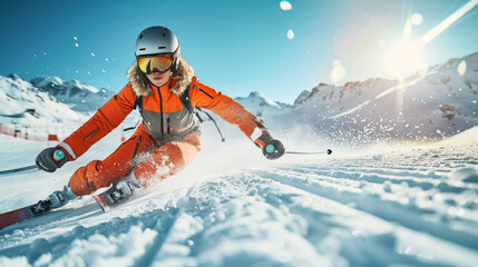 Woman in Orange Skiing Downhill