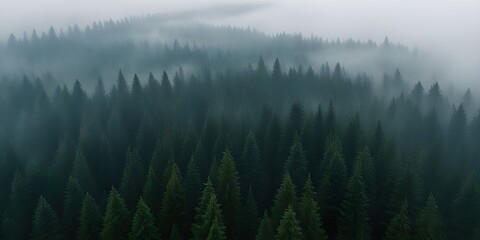 Foggy morning in the coniferous forest, top view