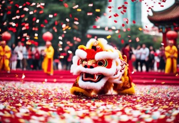 'Chinese New confetti Year dance Lion celebration. holiday culture china head ai artificial...