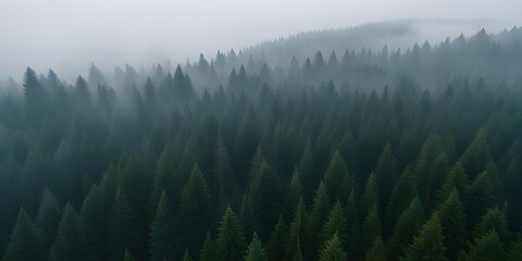 Foggy morning in the coniferous forest, top view
