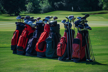 Golf bags belonging to a group of players, positioned near the putting green