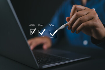 Goal, plan and action concept. Business strategy and business development. Businessman using laptop...