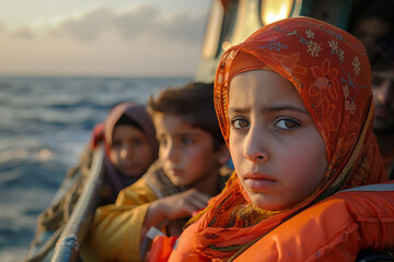 A group of children of migrants and refugees are seen riding on a boat as it navigates through the sea. Migration crisis and human smuggling concept