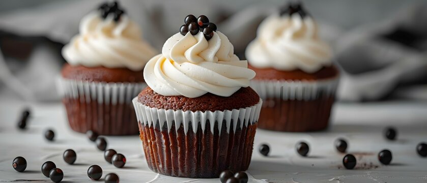 Mockup of cupcakes with white and black toppers on a white background. Concept Food Styling, Cupcake Photography, Creative Presentation, Monochrome Toppers, White Background