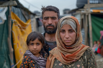 Arab migrant family, woman and man and child are next standing to each other in a refugee camp