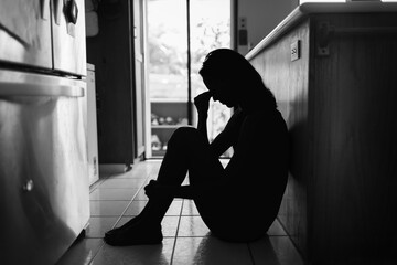 Woman at home feeling sad tired stressed and worried suffering depression mental health, family problems  - obrazy, fototapety, plakaty