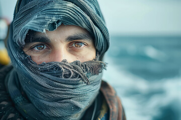 A man in the image is shown wearing a scarf wrapped around his head. He appears to be on a boat, possibly a migrant or refugee at sea in the Mediterranean