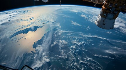A high-angle shot capturing Earths surface from a satellites perspective, focusing on specific regions like coastlines - obrazy, fototapety, plakaty
