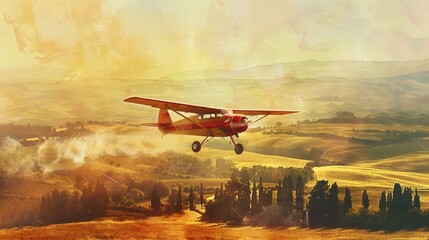 A vintage 1970 airplane soaring over the golden fields of Tuscany, bathed in the warm glow of a setting sun, rendered in soft watercolor tones