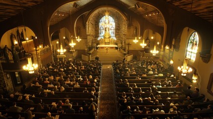 A gathering of worshippers sitting in pews inside a church during a solemn and sacred Blessed Sacrament Adoration - obrazy, fototapety, plakaty